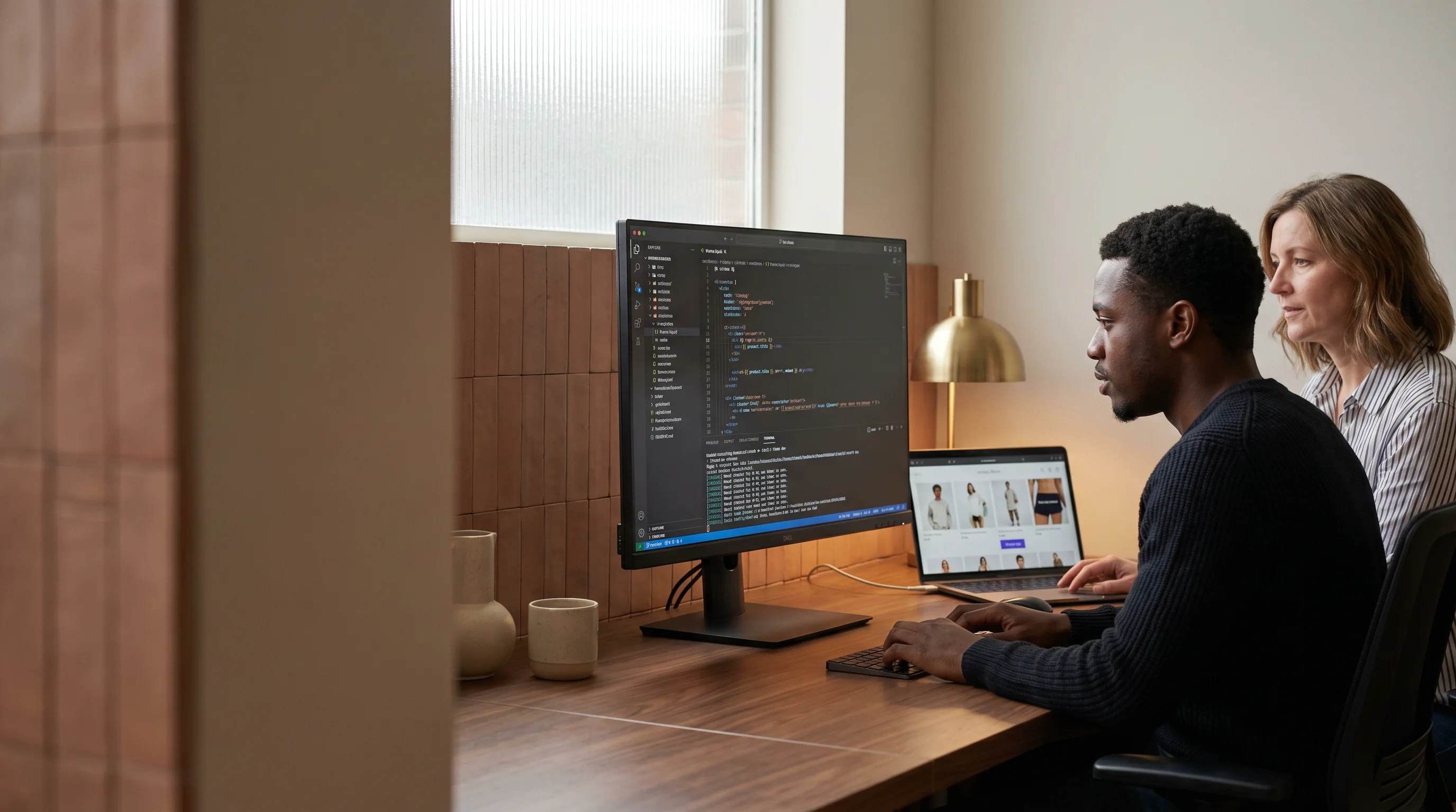 Shopify theme being developed in VS Code, Liquid sections visible alongside the storefront preview Shopify theme being developed in VS Code, Liquid sections visible alongside the storefront preview