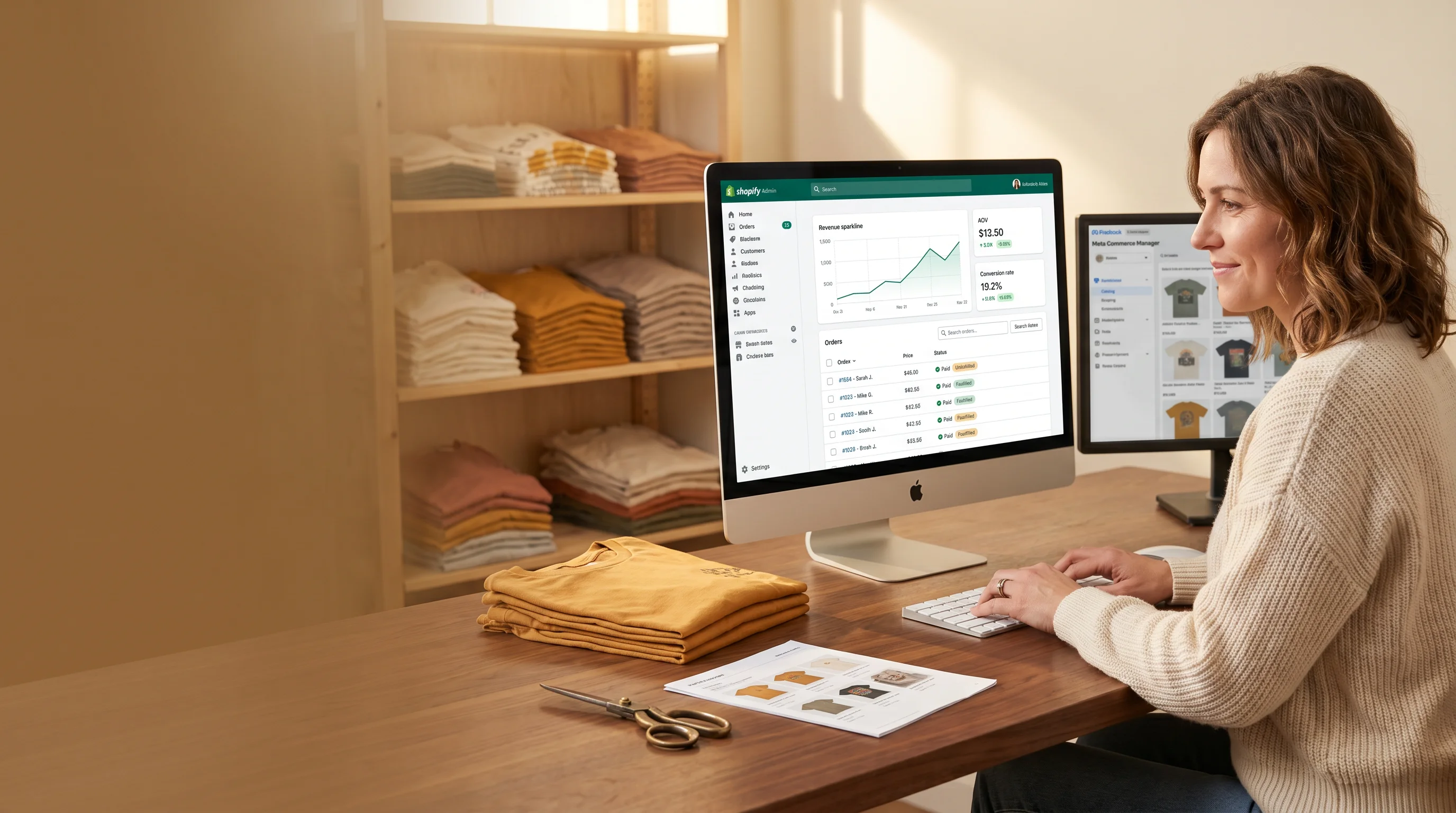 Animation Shops merchant reviewing order management dashboard alongside marketplace integration on a laptop Animation Shops merchant reviewing order management dashboard alongside marketplace integration on a laptop