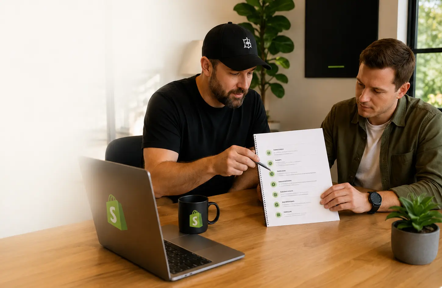 Founder and lead developer walking through a scoping document for a Shopify build at a sunlit meeting table Founder and lead developer walking through a scoping document for a Shopify build at a sunlit meeting table