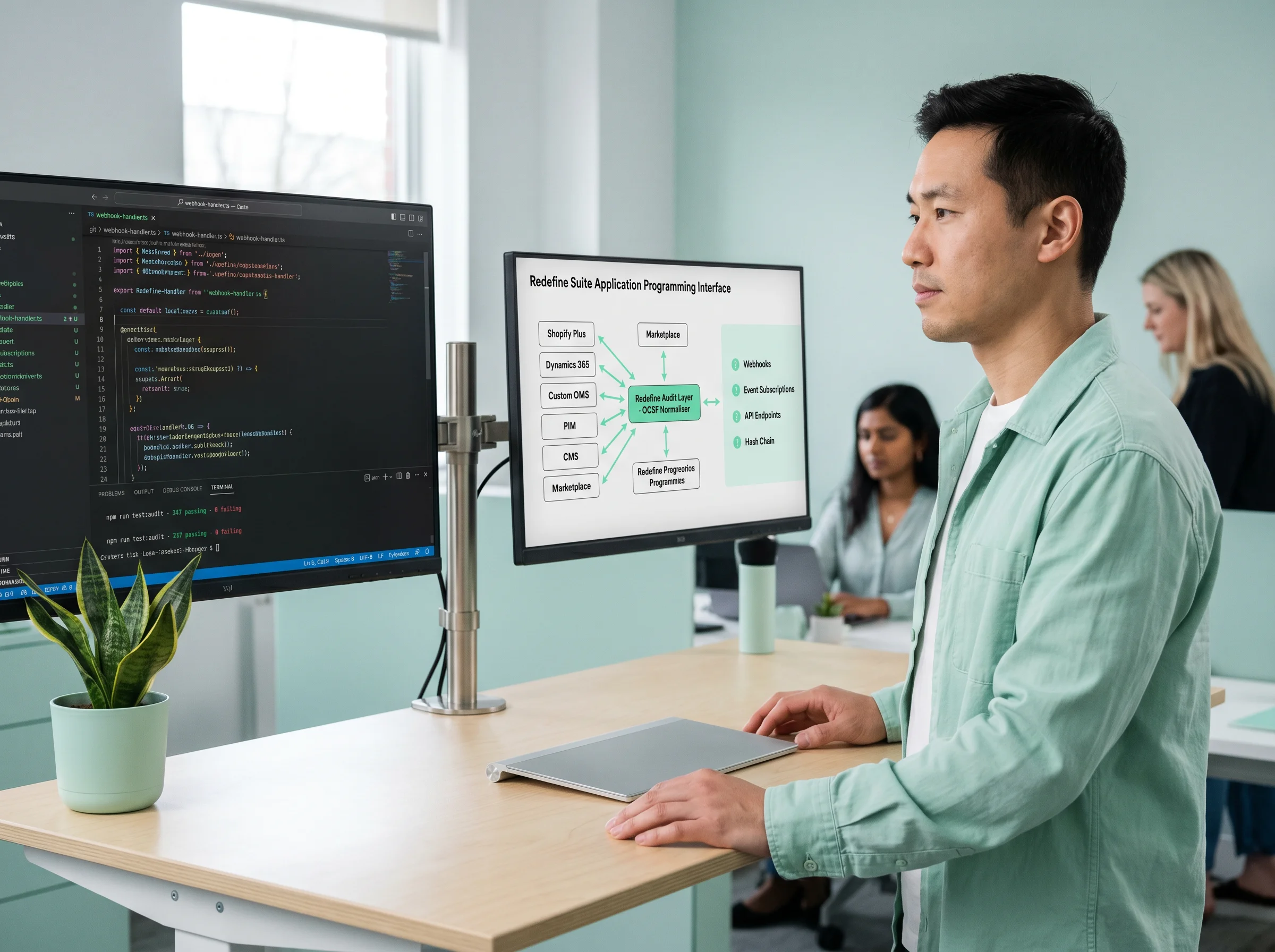 Lead engineer at desk with two monitors showing VS Code Liquid theme code and staged Shopify storefront at golden hour Lead engineer at desk with two monitors showing VS Code Liquid theme code and staged Shopify storefront at golden hour